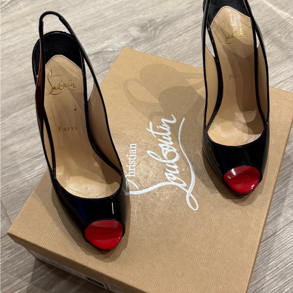✨ Christian Louboutin Black Patent Leather Slingback Heels – Size 39 ✨